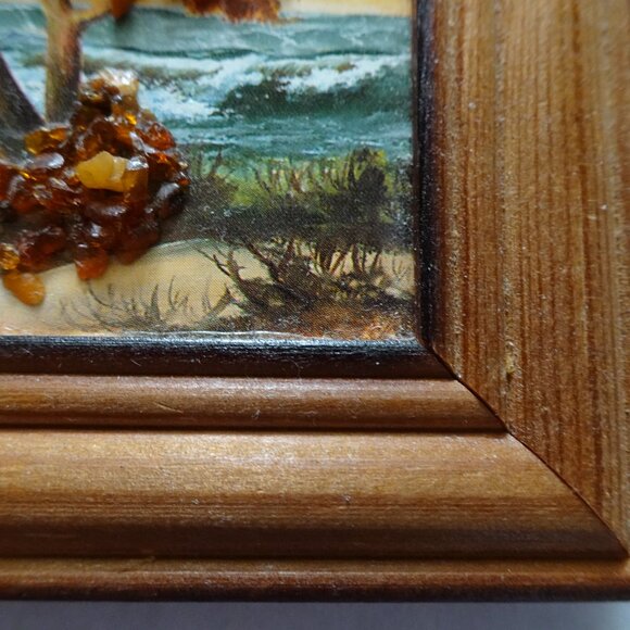 Vintage Miniature Painting Print with Baltic Amber Tree Landscape Ship Seascape - Picture 5 of 8